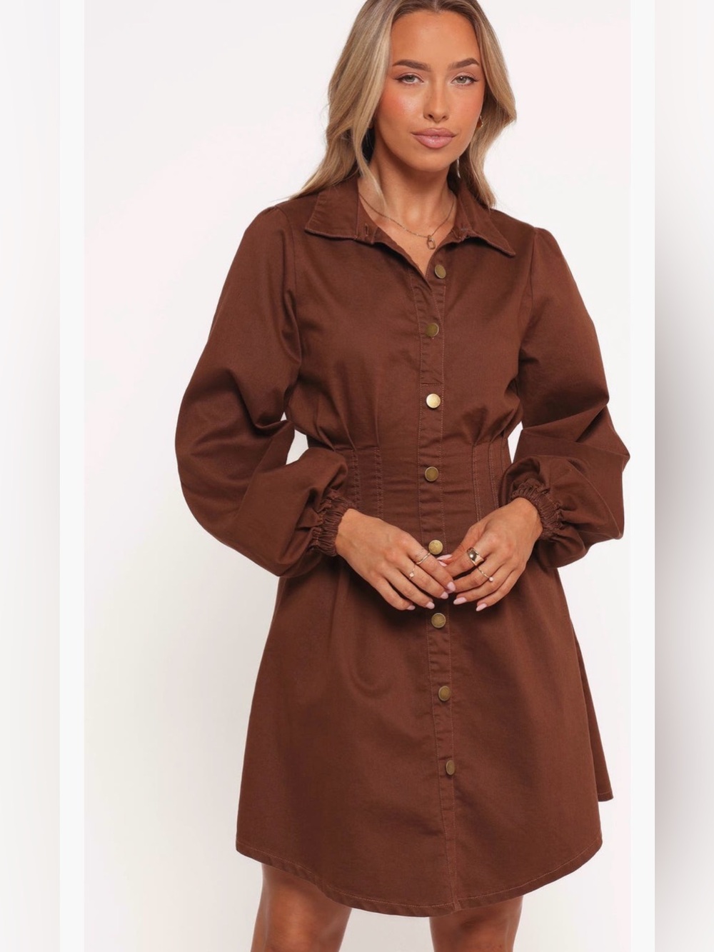 Petal & Pup Phoenix Long Sleeve Mini Dress Brown Denim L Collared